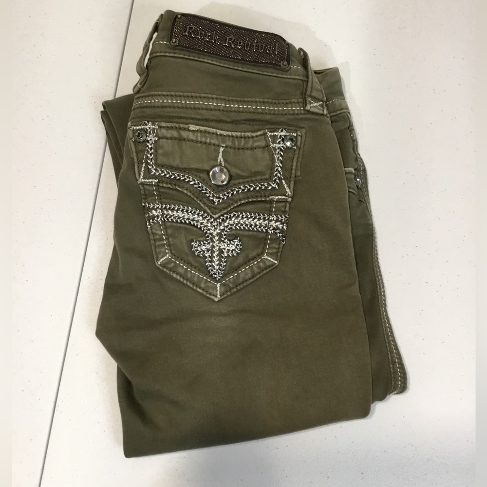 Rock Revival Margie Olive Skinny Jeans with Embellished Flap Back Pockets